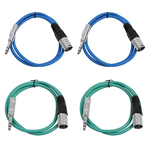 Seismic Audio - SATRXL-M2-4 Pack of 2 Foot 1/4 Inch TRS to XLR Male Patch Cables - Balanced - 2 Foot Patch Cord - Blue and Green - color: Blue and Green