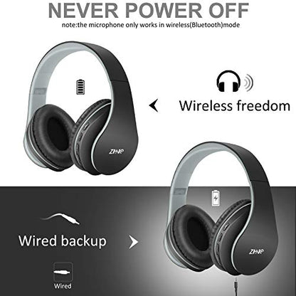 ZIHNIC Bluetooth Headphones Over-Ear, Foldable Wireless and Wired Stereo Headset Micro SD/TF, FM for Cell Phone,PC,Soft Earmuffs &Light Weight for Prolonged Wearing(Black/Gray) - color: Gray