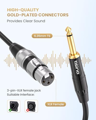 Tisino 암 XLR - 0.6cm(0.25인치) TS 모노 잭 언밸런스 마이크 케이블, 3m(10피트) | XLR 암 - 다이나믹 마이크/믹서/스피커용 1/4 모노 잭 오디오 케이블, 20AWG 금 도금 OFC 차폐 마이크 코드 - size: 10피트