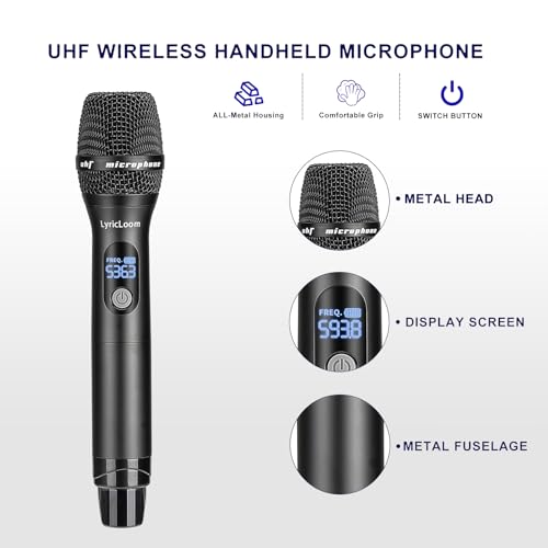 LyricLoom Professional 4 Channel Wireless Microphone System, Metal Handheld Dynamic UHF Wireless Mics Set 4 Pack, Vocal Cordless Microphnes for Singing and Dj,Karaoke,Speaker,chrush,Long Range 300ft