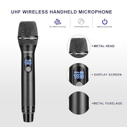 LyricLoom Professional 4 Channel Wireless Microphone System, Metal Handheld Dynamic UHF Wireless Mics Set 4 Pack, Vocal Cordless Microphnes for Singing and Dj,Karaoke,Speaker,chrush,Long Range 300ft