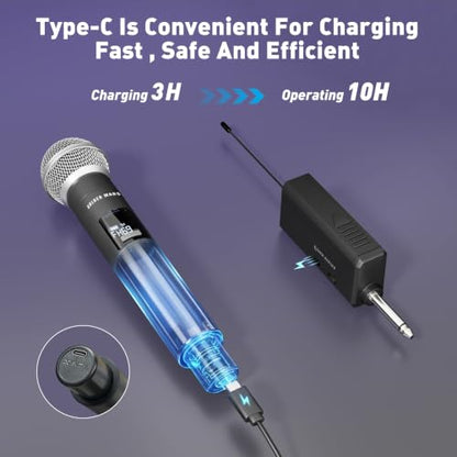 Handheld Wireless Microphones for Karaoke Singing with 500 FT Reception | 2.4GHz, Rechargeable Dual Microfonos Inalambricos Set Stable Receiving for DJ Church Party Wedding Speaking Meeting Classroom