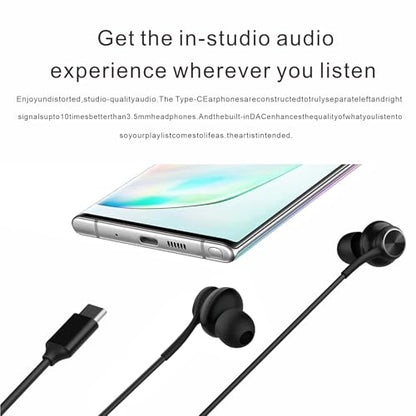Earbuds Stereo in-Ear Headphones Three-Year Warranty for Galaxy Z Fold6 S24 S23 S22 S21 S20, Note 10, 10+ with Microphone and Volume Remote Type-C Connector-（Black）