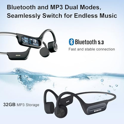 Voistek Bluetooth Bone Conduction Headphones with Mic,Built-in 32GB MP3 Player for Swimming,IP68 Waterproof Headphones,Wireless Earphones for Running Cycling Exercising
