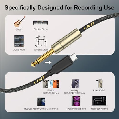 J&D USB C to 6.35 mm 1/4 inch TS Guitar Audio Cable, Audio Recording, Bass, Electronic Piano Microphone Cord Compatible with iPhone 16 Pro Max/16 Pro/16 Plus/16/15/15 Pro Max/15 Pro/15 Plus, 6.6 Feet - size: 6.6 Feet