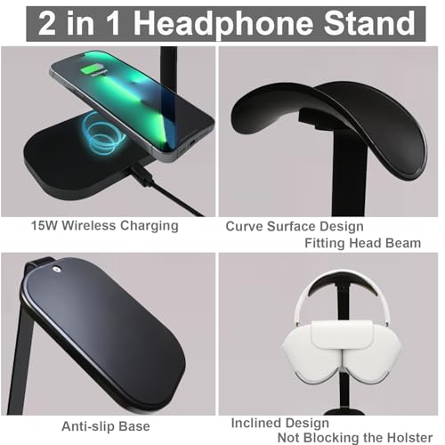 Headphone Stand with Wireless Charging, 15W Gaming Headset Holder for Desk, Aluminum Support Bar, Silicone Pad Headrest, Suitable for All Headphones