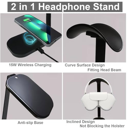 Headphone Stand with Wireless Charging, 15W Gaming Headset Holder for Desk, Aluminum Support Bar, Silicone Pad Headrest, Suitable for All Headphones