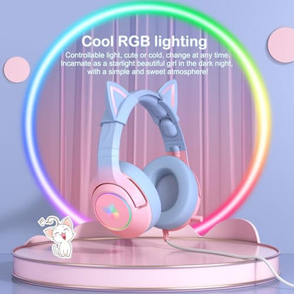 PHNIXGAM Wired Gaming Headset - Removable Cat Ears, RGB/Retractable Mic | 3.5mm surround sound gaming headphone. Compatible with PC, PS4, PS5, mobile. Gradient pink-blue design. - color: Gradient Pink Blue 3.5mm