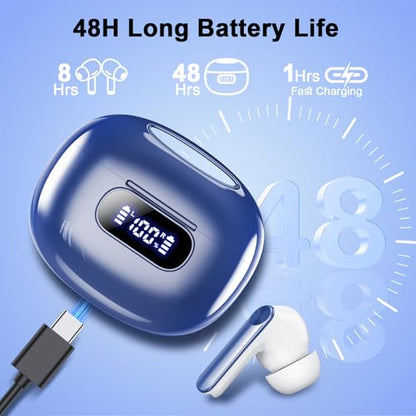 Wekily Wireless Earbuds, Bluetooth 5.3 Headphones LED Power Display, 2025 New Wireless Earphones, 4 ENC Noise Cancelling Mic, HiFi Stereo, 48H Playtime Mini Case IP7 Waterproof for iOS Android - color: Night Blue
