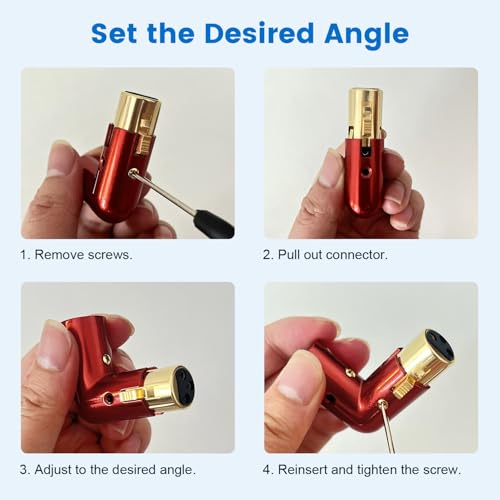 Adjustable 90-Degree XLR Adapter, 2-Pack for Microphone Cable | 24K Gold-Plated XLR Male to Female Connectors, Red Metal Housing for Microphone, Audio Interface, Mixer & PA System