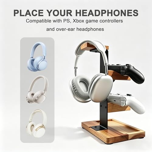 Acacia Wood Gaming Headset Stand & Dual Controller Holder, Solid Wood Desk Organizer Compatible with PS5, Xbox, Switch, Over-Ear Headphones, Gamer Gift for Men