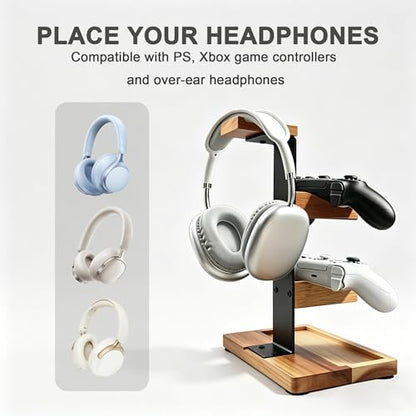 Acacia Wood Gaming Headset Stand & Dual Controller Holder, Solid Wood Desk Organizer Compatible with PS5, Xbox, Switch, Over-Ear Headphones, Gamer Gift for Men
