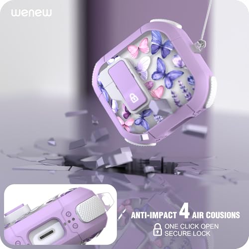 WENEW Case for AirPods 4th Case Cover Secure Lock Automatic Snap Switch Clip Cleaner Kit Lanyard Women Stylish Flower Armour Hard Shell Full Body Front LED Visible (Purple Butterfly, AirPods 4th) - color: Purple Butterfly, size: AirPods 4