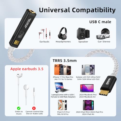 USB C to 3.5mm Audio Adapter with CX31993+MAX97220 DAC Amplifier | DAC Dongle Headphone Amplifier 8-Strand 4N Silver Plated Cable for iPhone 15/16/17/Android/Samsung/Mac/PC,HiFi 32Bit/384kHz - color: Black