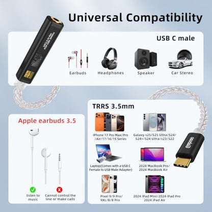 USB C to 3.5mm Audio Adapter with CX31993+MAX97220 DAC Amplifier | DAC Dongle Headphone Amplifier 8-Strand 4N Silver Plated Cable for iPhone 15/16/17/Android/Samsung/Mac/PC,HiFi 32Bit/384kHz - color: Black