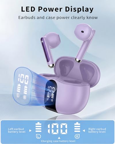Wireless Earbuds, 2026 Bluetooth 5.4 Headphones Bass Stereo Ear Buds with Noise Cancelling Mic, LED Display in Ear Earphones 50H Playtime Ear Buds, IP7 Waterproof for Laptop Pad Phones Deep Purple - color: Deep Purple