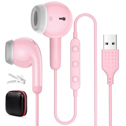 USB Earbuds for PC,Headphones with Microphone for Computer,Pink - color: Pink