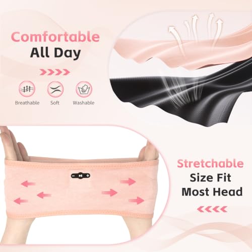 Sleep Headphones Bluetooth 6.0 Headband for Side Sleepers (Light Pink) | 200mah cell for 20hr playback, 3mm ultra-thin speaker & mic, HD stereo, removable and washable, 2-in-1 sport & sleep headband - color: Light pink