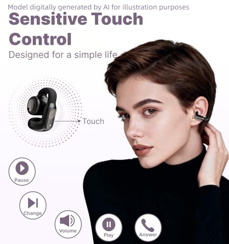 Hmusic A24 TWS AI ENC Clip-on Earbuds, Open Ear Bluetooth 6.0 Earphones | IPX5, Comfort Open-ring Design Headphones, Touch Control Wireless Earphones for Glass Wear, Office, Fitness, Workouts