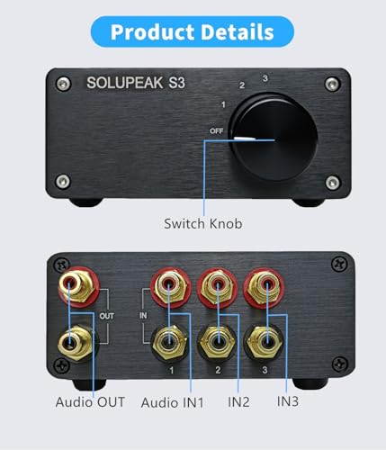 S3 3 in 1 Out RCA Audio Switch Box Passive Audio Switcher Selector | 3 way Stereo Audio Signal Source input, Bi-Direction, no need power,plug and play,Sturdy aluminum case, Solid aluminum knob - color: 3-WAY RCA Switch(3 IN 1 OUT)-Upgrade version