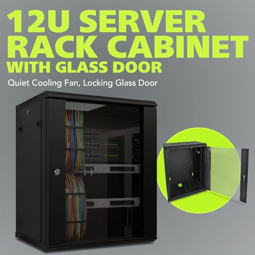 Pearington 12U Server Rack Enclosure with Glass Door, Cooling Fan, Locks, & Removable Side Panels - 12U Wall Mount Network Cabinet - size: 12U Rack
