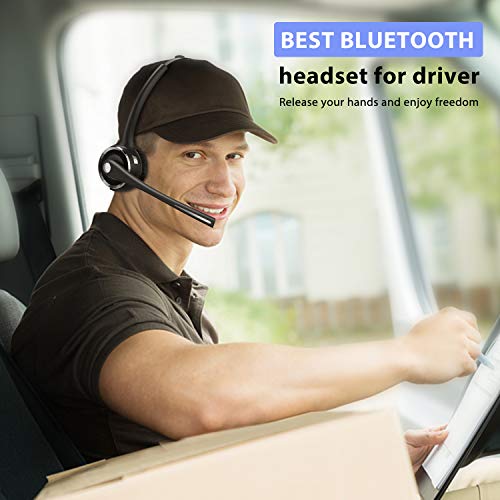 Trucker Bluetooth Headset, V5.0 Handsfree Wireless Phone Headset with Charging Station, Noice Cancelling, Bluetooth Headset with Microphone, Suitable for Call Center Office Phone