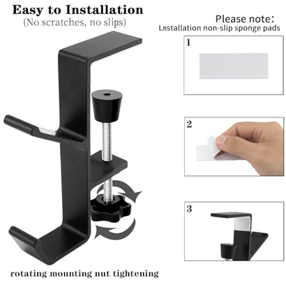 Desk Mount Headphone Hook Bag Holder Hook Clamp,Headphone Hanger and Backpack Hanger with Double Hooks,Universal Aluminum Alloy Gaming Headphone Stand Under Desk (Black) - color: Black