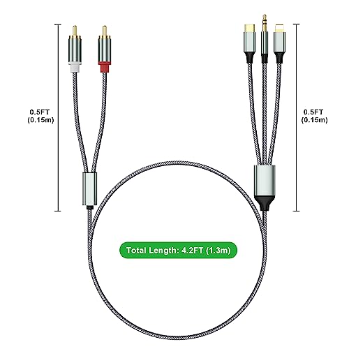 3 in 1 Lightning USB C 3.5mm to 2 RCA Audio Cable for Car Amplifier