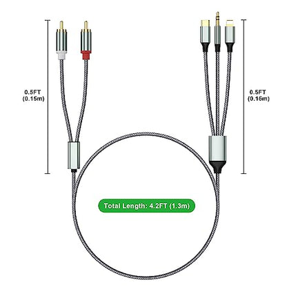 3 in 1 Lightning USB C 3.5mm to 2 RCA Audio Cable for Car Amplifier