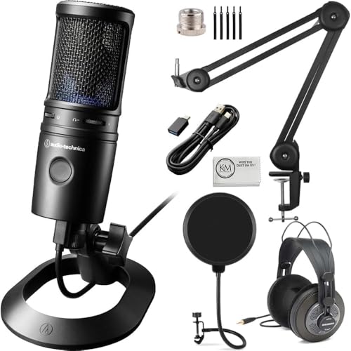 Audio-Technica AT2020USB-X Cardioid Condenser USB Microphone Bundled with Microphone Arm + Headphones + Wind Screen Pop Filter + Cleaning Cloth (5 Items) - style: w/Mic Arm & Headphones