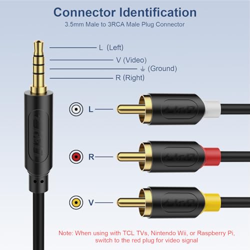 J&D 3.5mm to RCA AV Cable, Audio/Video Transmission, 1/8" TRRS to 3 RCA Male Plug AUX Cable Cord, Compatible with Sony TV, DVD Player, Camcorder, Handycam, 5 ft (Pack of 2) - size: 5 ft (Pack of 2)