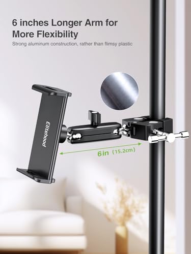 elitehood Universal iPad Mount Clamp, Metal Clip On Tablet Holder for Mic | Dual Adjustable Ball Head, Aluminum iPad Holder for Mic Stand, iPad Pole Mount for Drum Mic Yoke Boat Wheelchair Stroller - size: 6in - Dual Ball Joint