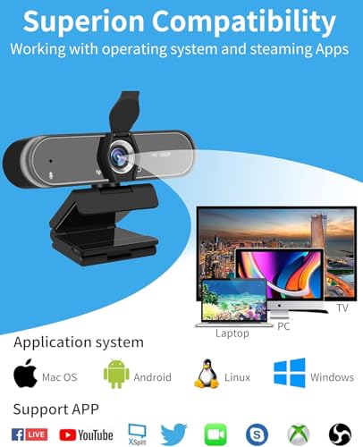 1080P Full HD Webcam with Microphone, 110° Wide Angle, Autofocus, USB Plug and Play, for Video Conferencing, Streaming, with Tripod