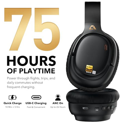 1Mii E700 Noise Cancelling Headphones Bluetooth Wireless LDAC Hi-Res, Black | Hybrid ANC, 75hr Battery Life, Deep Bass, Comfortable Over-Ear for Commuters & Travelers, aptX Low Latency for TV & Airplane - color: Black