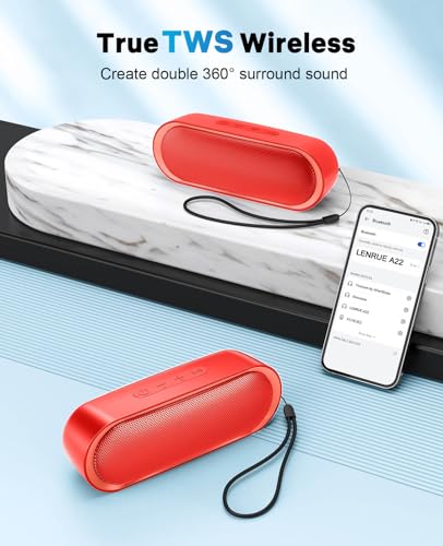 LENRUE Bluetooth Speakers, Waterproof Portable Speakers with TWS, 24 Playtime, Stereo Sound, Wireless for Home Shower Pool Beach Outdoor (Red) - color: Red