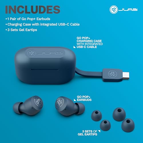 JLab Go Air Pop+ True Wireless Earbuds, in Ear Headphones, Bluetooth Earphones, 35H Playtime Ear Buds, Bluetooth Earbuds with Microphone, USB-C Charging Case, Dual Connect, EQ3 Sound, Navy Blue | Bluetooth Earbuds, In Ear Wireless with Microphone, Chargin