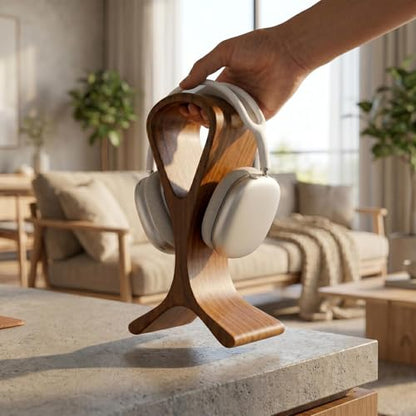 Wooden Headphone Stand for Desk – Premium Walnut Wood Headset Holder Compatible with AirPods Max, Gaming Headphones & Studio Headsets – Modern Desk Organizer & Headphone Display Stand