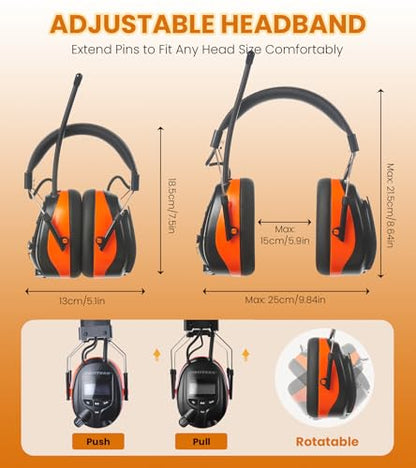 AM FM Radio Hearing Protection Earmuff, Bluetooth 5.4, 30SNR | Rechargeable Hearing Protectors with Gel Earpads, Headphones for Lawn Mowing, Construction, Chainsaw, Landscaping - color: Am/Fm+ Bluetooth-orange