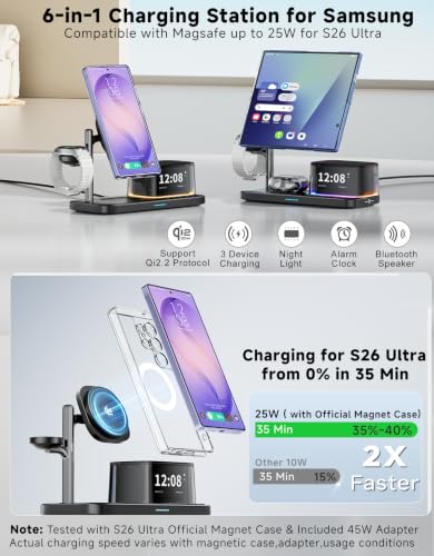 Qi2.2 25W 6-in-1 Magnetic Charging Station for Samsung, Alarm Clock | Night Light,Bluetooth Speaker,Fast Wireless Charger Stand for Z Fold 8 Ultra/Fold8 Wide/S26 Ultra (Not for Watch 9/Ultra2)