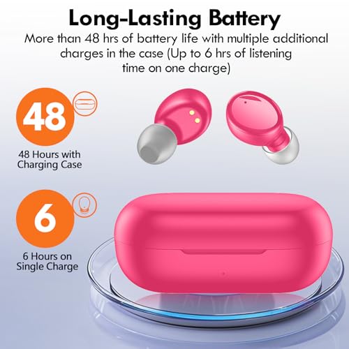 Lanteso True Wireless Earbuds Bluetooth 5.4, in Ear Headphones | 48H Playtime,Light Weight, Built in Mic, Premium Sound with Deep Bass, Clear Calls for Sports Workout Hot Pink - color: Hot Pink