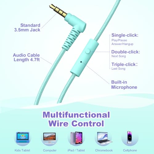 AILIHEN I35 Kids Headphones for School with Mic, 93dB Volume, Green Purple | Wired On Ear Headphones for Girls Boys, 3.5mm Foldable Lightweight for Classroom Chromebook, Laptop, Computer, Tablet - color: Blue