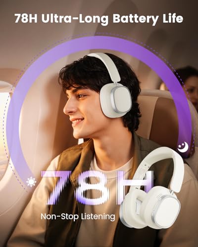 Active Noise Cancelling Headphones,78H Over Ear Headset | Bluetooth 6.0,Hi-Res,Low Latency,Foldable Bluetooth Headphones,Ideal for Travel,Workout,Office,Cellphone PC,Vanilla White - color: Vanilla White