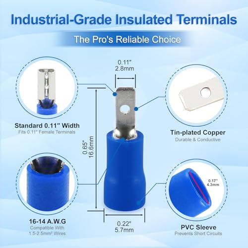 BAOMAIN 0.11" Male Quick Disconnect Spade Terminals 16-14 AWG 100-Pack | Blue Insulated Tin-Plated Crimp Connectors for 16-14 AWG Electrical Wiring. Fits 0.11" 2.8mm Female Spade Terminals - size: Male