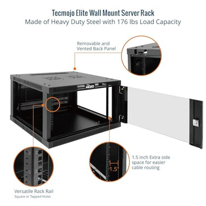 Tecmojo 6U Wall Mount Rack Cabinet, Heavy-Duty 176 Lbs High Load Capacity, 19” Enclosed Server Network Rack with 2 Colling Fans, Glass Door, 23.6” Deep – Elite Collection - size: 6U/23.6in Depth/Glass Door