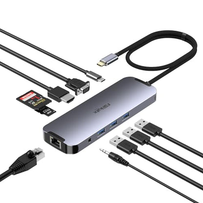 USB C Docking Station Dual Monitor 10 in 1, USB-C Hub to HDMI VGA Adapter with 1Gbps Ethernet 100W Charging, usb c Hub to USB, 3.5 Audio, Card Reader Compatible for Dell/MacBook/Surface Laptops