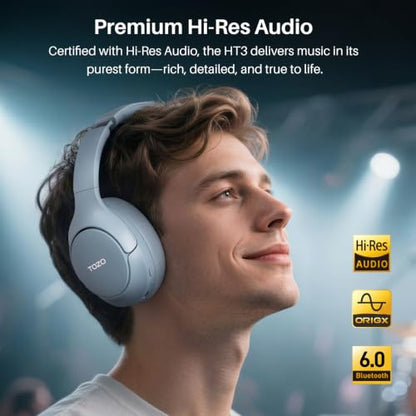 TOZO HT3 Hybrid Noise Cancelling Wireless Headphones, 90H Over Ear Headset | Hi Res Audio, AI Voice Assistant, Dual Device Connection, 32 Custom EQs, Built In 5 Mics, ANC, Foldable, Bluetooth 6.0 - color: Titanium Blue