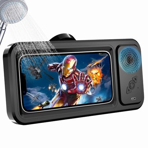 Shower Phone Holder with Wireless Bluetooth Speaker, Waterproof 480 Rotation Viewable Shower Phone Stand Case Mount Speakers for Bathroom Wall Mirro for 4"- 6.8" Cell Phones ,Gift for Mom(Black) - color: Black