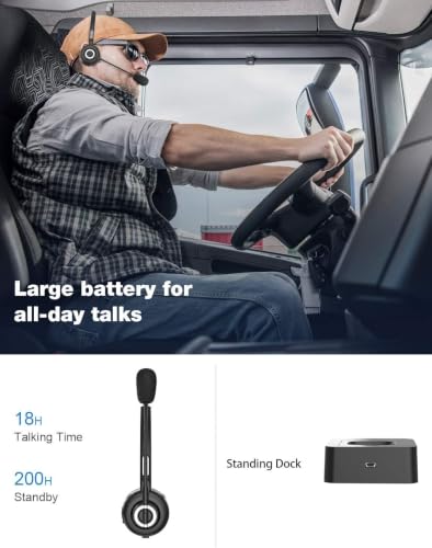 Trucker Bluetooth Headset V5.0, Wireless Call Center Business Headphone with CVC Mic, 18H Talktime Multipoint Charging Dock, for Customer Service, VoIP, Phones, PC