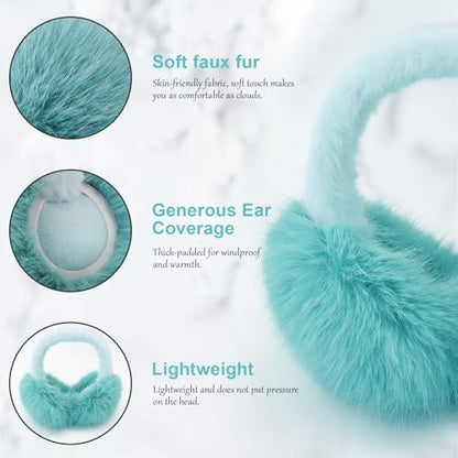 Earmuffs for Women Girls Faux Fur Fuzzy Headband Foldable Ear Covers Cold Weather Accessory - color: Blue