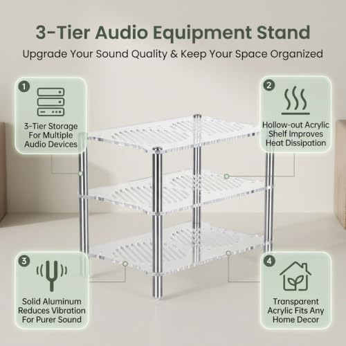 Stereo Stand, 3-Tier Desktop Open Audio Rack | Metal Frame, Cut-out Acrylic Shelf, Heat Dissipation Feature for Office Living Room